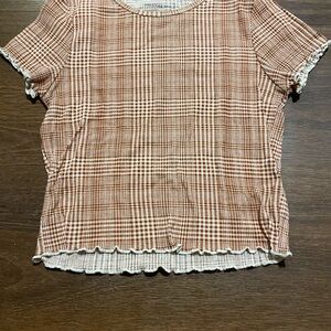 American Eagle Outfitters Rust and White Checked Ribbed Short Sleeve Top